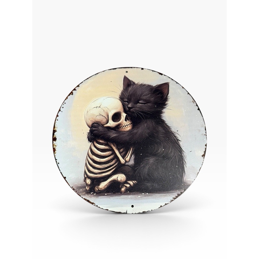 New Novelty Collectible Metal Sign skeleton and black cat